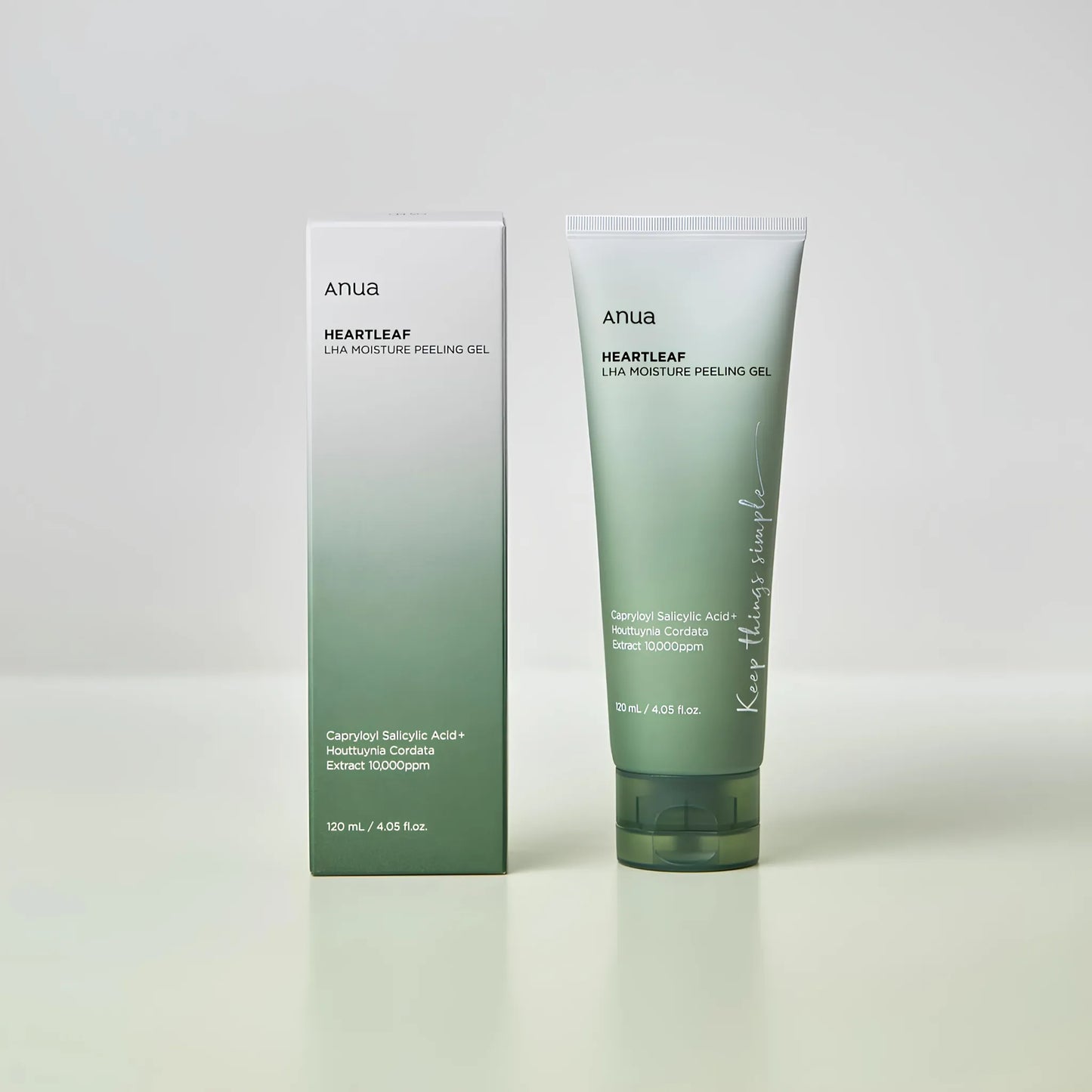 Anua Heartleaf LHA Moisture Peeling Gel 120ml με ήπιο πράσινο σχεδιασμό, που περιέχει εκχύλισμα από φύλλο καρδιάς και LHA, προσφέροντας απαλή απολέπιση και ενυδάτωση για βελτιωμένη υφή και φρεσκάδα της επιδερμίδας.