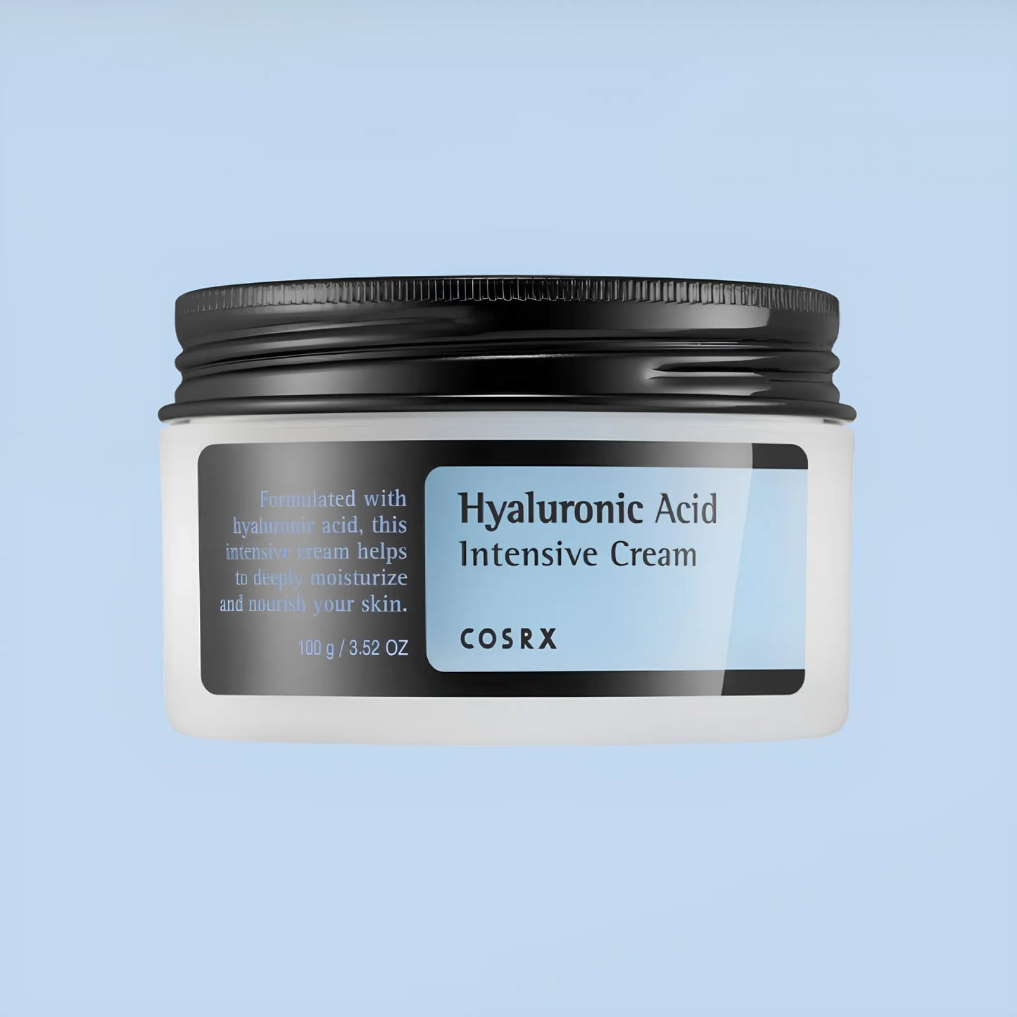 COSRX Hyaluronic Acid Intensive Cream 100ml, με το κομψό βαζάκι της συσκευασίας να φαίνεται καθαρά, προσφέρει εντατική ενυδάτωση και θρέψη για την επιδερμίδα.