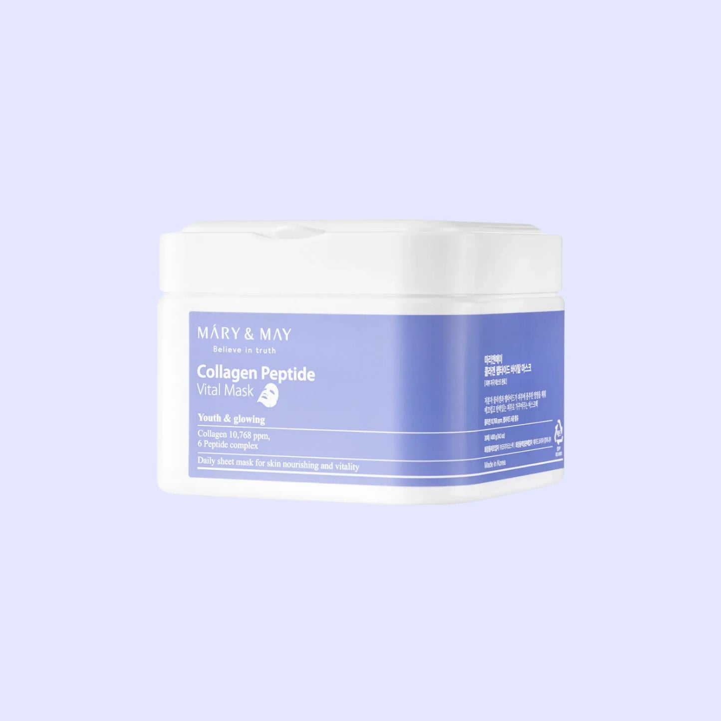 Mary&May Collagen Peptide Vital Mask (30pcs), με τη συσκευασία να ξεχωρίζει, ιδανική για καθημερινή χρήση για βελτίωση της ελαστικότητας του δέρματος.