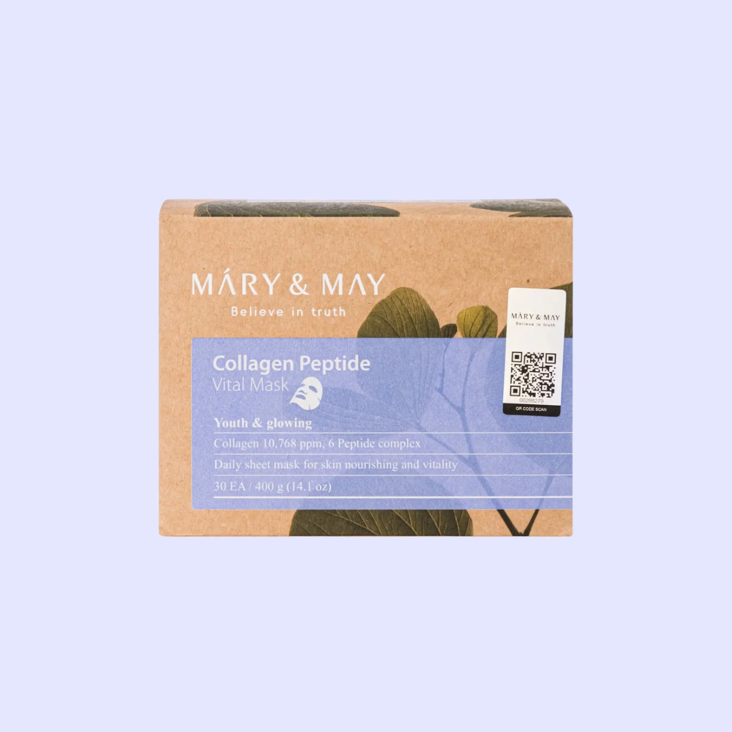 Mary&May Collagen Peptide Vital Mask (30pcs), με το προϊόν να φαίνεται καθαρά, ενισχύει την υγρασία και την υγεία της επιδερμίδας.