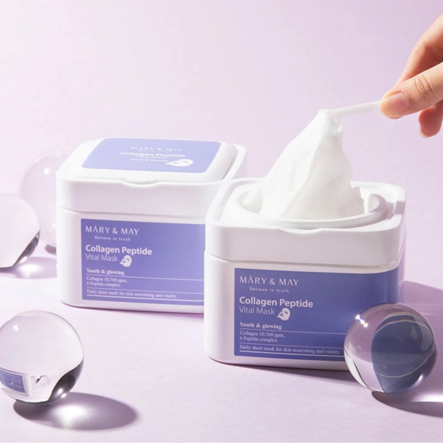 Mary&May Collagen Peptide Vital Mask (30pcs), με τις μάσκες να διακρίνονται, εμπλουτισμένες με κολλαγόνο και πεπτίδια για πιο σφριγηλή επιδερμίδα.