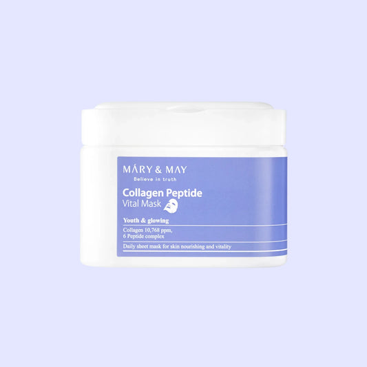 Mary&May Collagen Peptide Vital Mask (30pcs), με τη συσκευασία να ξεχωρίζει, ιδανική για καθημερινή χρήση για βελτίωση της ελαστικότητας του δέρματος.