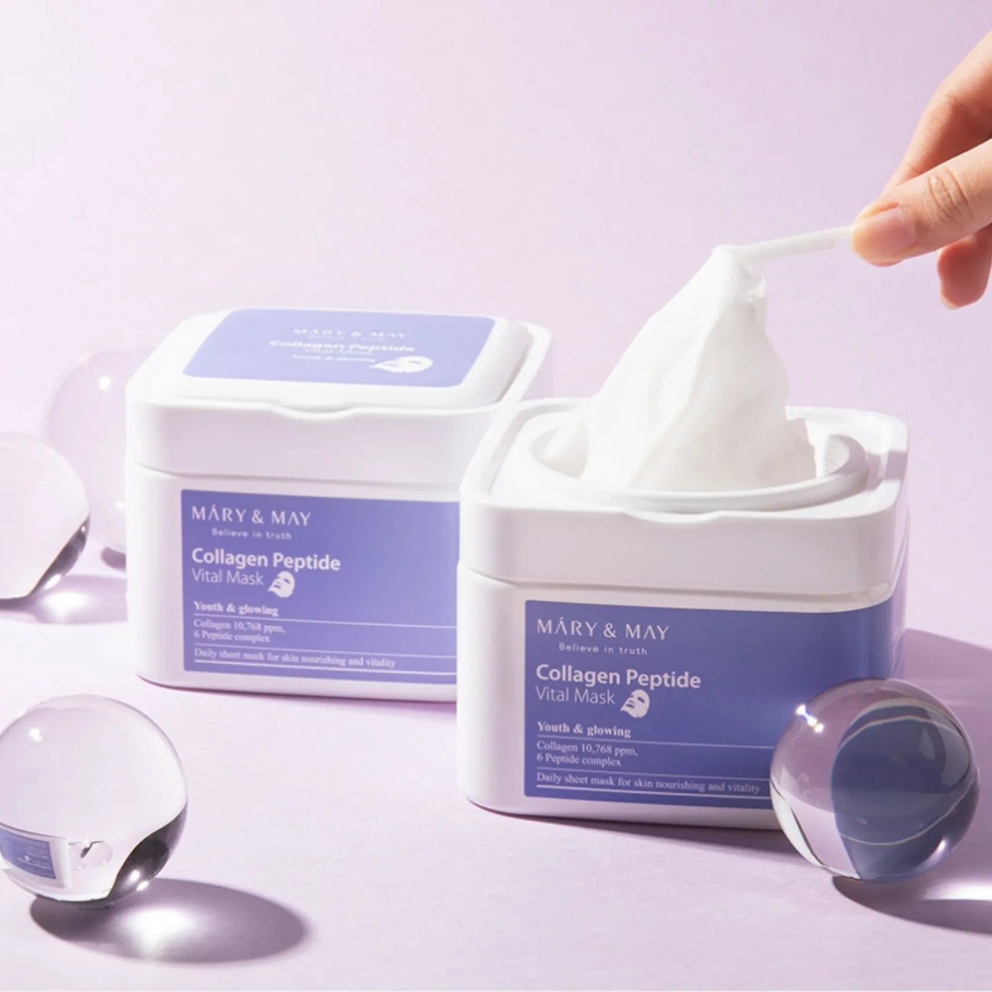 Mary&May Collagen Peptide Vital Mask (30pcs), με τις μάσκες να διακρίνονται, εμπλουτισμένες με κολλαγόνο και πεπτίδια για πιο σφριγηλή επιδερμίδα.