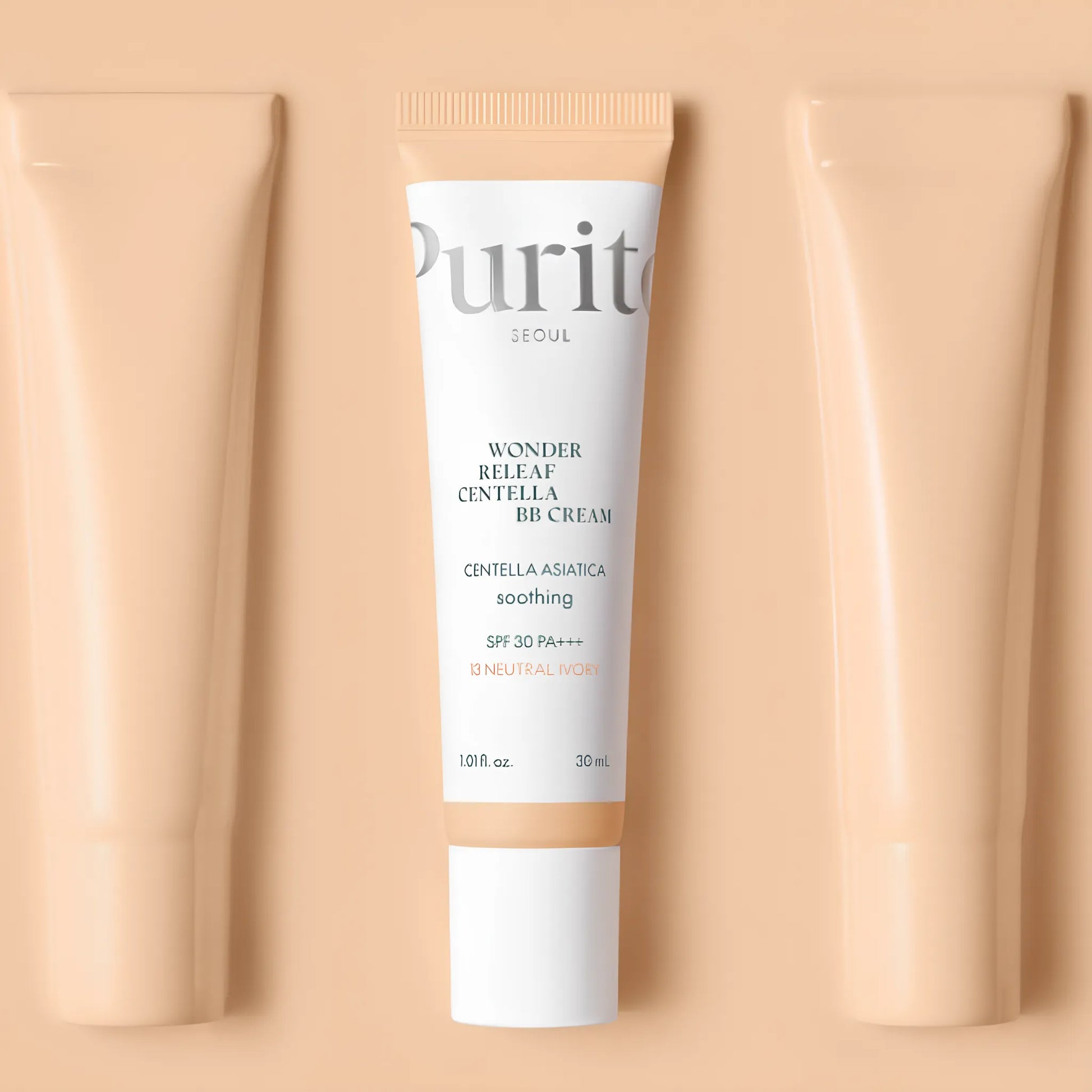 Purito SEOUL Wonder Releaf Centella BB Cream #13 Neutral Ivory 30ml, προσφέρει φυσικό αποτέλεσμα και προστασία από τον ήλιο με SPF.
