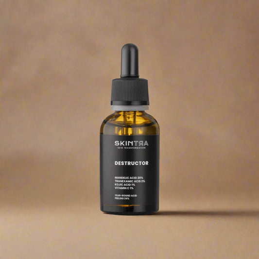 SkinTra Destructor All Year Acid Peel 24% 30ml, με το μπουκάλι να φαίνεται καθαρά, προσφέρει αποτελεσματική απολέπιση για λαμπερή και ανανεωμένη επιδερμίδα.