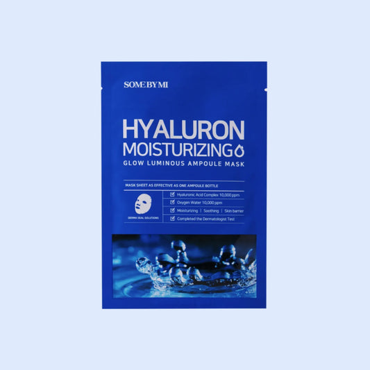 Some By Mi Hyaluron Moisturizing Glow Luminous Ampoule Mask 25g, με τη συσκευασία να φαίνεται καθαρά, προσφέρει εντατική ενυδάτωση και λάμψη στο δέρμα.