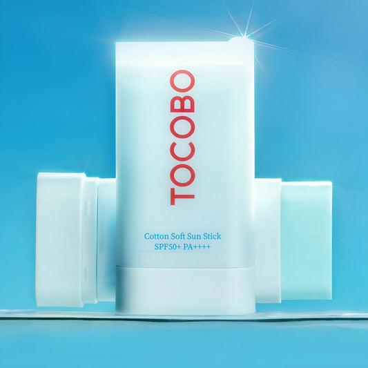 TOCOBO Cotton Soft Sun Stick SPF50+ PA++++ 19g, με τη συσκευασία να φαίνεται καθαρά, προσφέρει υψηλή προστασία από τον ήλιο με απαλή υφή και εύκολη εφαρμογή.